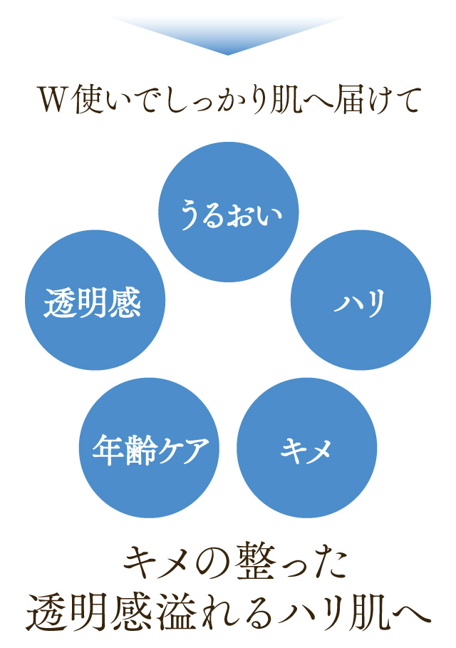W使いでしっかり肌へ届けて、キメの整った透明感あふれるハリ肌へ